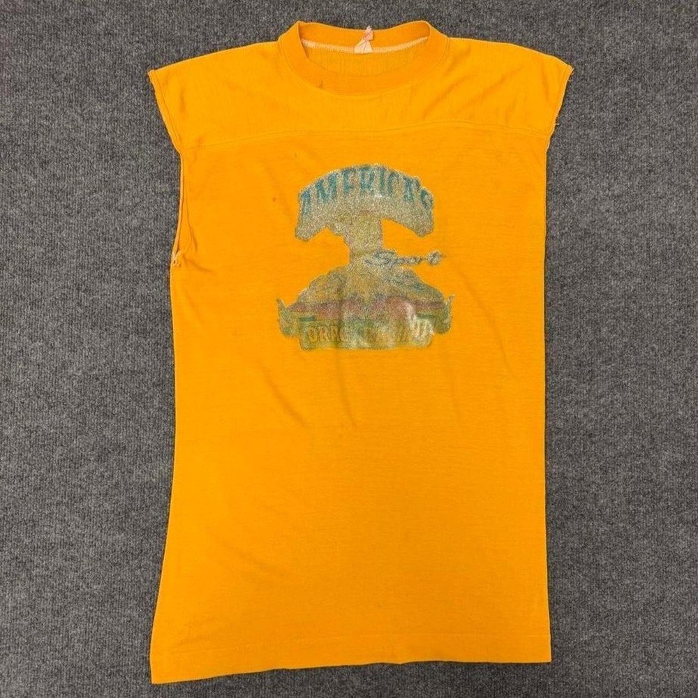 Vintage 70s Sportswear America Drag Racing Cutoff Shirt Orange Mens Large